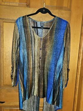 CLARA SUN WOO Metallic Striped V-Neck Tunic in Blue and Bronze